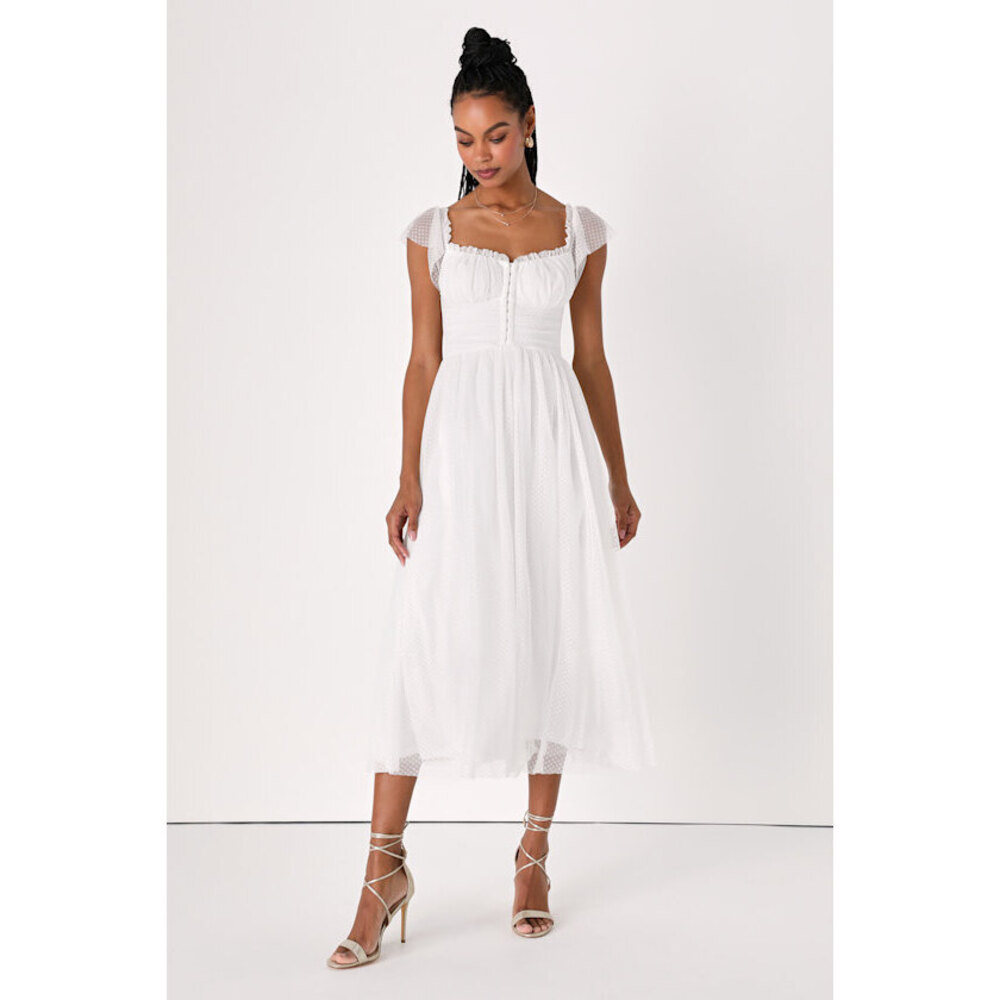 Lulus Regal Radiance White Tulle Bustier Midi Dress - Size M